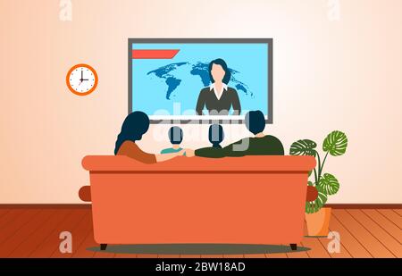 TV familiale, émissions d'informations quotidiennes sur le canapé dans la chambre. Illustration de Vecteur