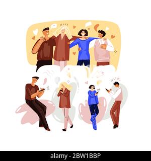 Vector Flat Illustration du concept de fête en ligne, anniversaire, rencontre d'amis sur la vidéoconférence. Des personnes se rencontrent et discutent ensemble en quarantaine Illustration de Vecteur