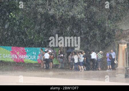 Sydney, Australie. 14 janvier 2016. Une chute soudaine a frappé Sydney vers 4:50. Les gens se sont précipités pour être couverts. Photo : les gens se réfugient à l'abri de la pluie Banque D'Images