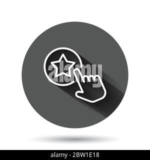 Cliquez sur l'icône de carte de fidélité dans un style plat. Main sur fond noir rond avec effet d'ombre longue. Concept commercial du bouton de cercle de remise. Illustration de Vecteur