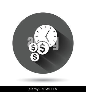 Le temps est l'icône de l'argent dans un style plat. Illustration vectorielle de gestion de projet sur fond noir rond avec effet d'ombre long. Bus de bouton de cercle de date limite Illustration de Vecteur