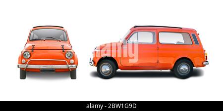 Voiture italienne classique avant et latérale isolée sur fond blanc Banque D'Images