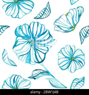 Motif fleuri aquarelle sans coutures. Bleu daisys et feuilles modernes dessinés à la main dans des lignes d'aquarelle et des silhouettes. Conception pour arrière-plans, couvertures, cartes Banque D'Images