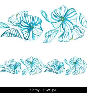 Motif fleuri aquarelle sans coutures. Pâquerettes et feuilles bleues dessinées à la main, modernes, aux lignes d'aquarelle et aux silhouettes. Conception pour arrière-plans, couvertures, cartes Banque D'Images