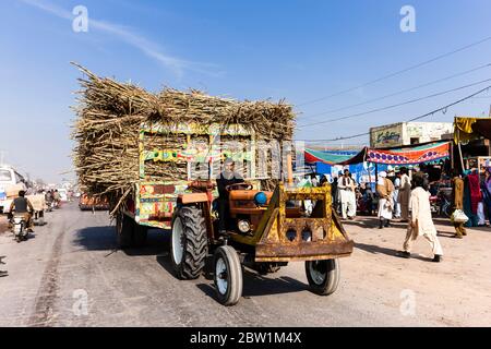 Tracteur plein de canne à sucre, dans la rue principale de la ville de Shorkot, Jhang, province du Punjab, Pakistan, Asie du Sud, Asie Banque D'Images