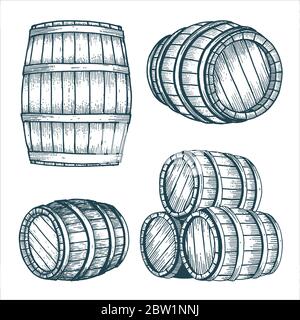 Baril. Jeu d'illustrations vectorielles dessinées à la main avec corps en chêne. Étiquette de dessin de fût en bois. Illustration de Vecteur