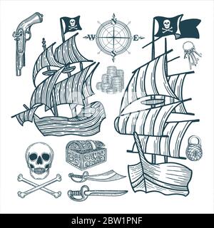 Navire. Ensemble d'illustrations vectorielles de bateau à voile pirate et d'attributs. Dessin de style vintage symbolique pirate. Partie de l'ensemble. Illustration de Vecteur