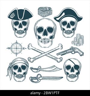 Crâne. Crâne pirate. Jeu d'illustrations vectorielles d'attributs de crâne et de pirate. Dessin de style vintage symbolique pirate. Partie de l'ensemble. Illustration de Vecteur