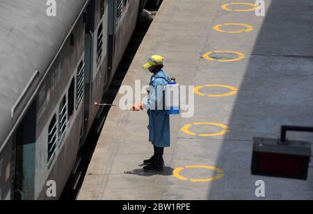 Prayagraj, Uttar Pradesh. 29 mai 2020. Prayagraj: Un train désinfectant ouvrier à la jonction de Prayagraj pour monter dans les bus pour atteindre leurs villages indigènes, pendant le confinement en cours de COVID-19, à Prayagraj, le vendredi 29 mai 2020. Credit: Prabhat Kumar Verma/ZUMA Wire/Alamy Live News Banque D'Images