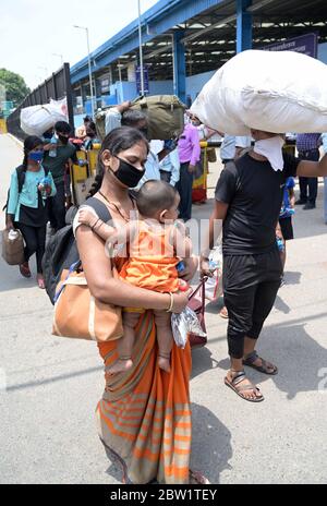 Prayagraj, Uttar Pradesh. 29 mai 2020. Prayagraj: Des migrants de Surat sont arrivés par un train spécial à bord d'autobus pour arriver dans leurs villages indigènes pendant le confinement en cours de la COVID-19, à Prayagraj, le vendredi 29 mai 2020. Credit: Prabhat Kumar Verma/ZUMA Wire/Alamy Live News Banque D'Images