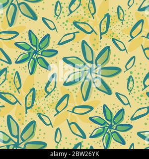 Fleurs éparses et feuilles sans couture fond de motif vectoriel. Le feuillage est coloré de manière painter sur fond jaune texturé. Moderne Illustration de Vecteur