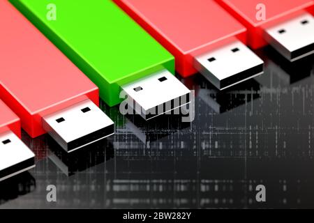 Arrière-plan décoratif des clés USB. Le coffre-fort est en vert et le non sécuritaire en rouge Banque D'Images