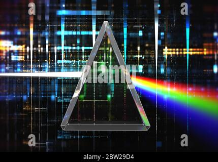 Dispersion de la lumière avec un prisme de nouveau cristal composite, sur fond électronique Banque D'Images