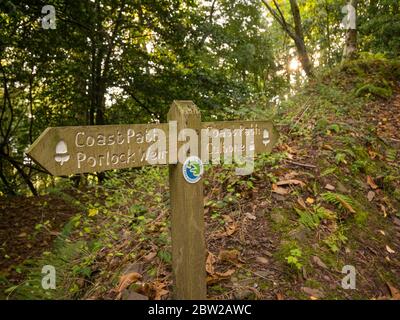 Une pancarte sur le Culbone à Porlock Weir section du chemin de la côte sud-ouest à Yearnor Wood dans le parc national Exmoor, Somerset, Angleterre. Banque D'Images