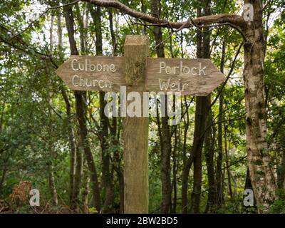 Une pancarte sur le Culbone à Porlock Weir section du chemin de la côte sud-ouest à Yearnor Wood dans le parc national Exmoor, Somerset, Angleterre. Banque D'Images