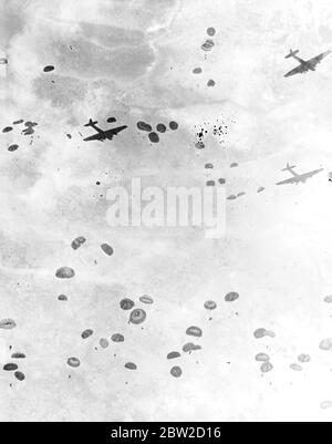 Des soldats soviétiques flottant sur la terre au-dessus de la foule lors d'un saut de parachute de masse qui était une caractéristique de l'exposition à la Journée de l'Air soviétique. Joseph Staline, qui est à l'origine de la consternation mondiale par son projet de pacte avec l'Allemagne, a observé avec 1 million de personnes comme des bombardiers et des combattants de l'armée de l'air soviétique engagés dans une guerre immorale sur l'aérodrome de Tushino, Moscou. 23 août 1939 Banque D'Images