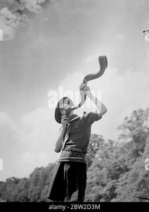 Le rassemblement de scouts du comté de Hertfordshire se déroule à Hatfield Park pendant le week-end. Spectacles photo: Un membre de la 32e troupe de Herts du Sud-Ouest qui sonne le pavillon Koodoo. 1er juin 1939 Banque D'Images