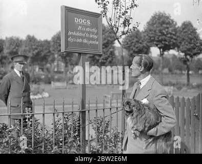 M. FW Donisthorpe avec son chien sous son bras lit l'avis comme gardien tient la garde à l'intérieur des jardins de Paddington. Les chiens ont été interdits dans les jardins à moins qu'ils ne soient en laisse. M. F.W Donisthorpe le célèbre joueur de tennis a lancé un séjour en grève dans le but de supprimer l'interdiction. Sa première édition a été refusée par le conseil. 24 juillet 1937 Banque D'Images