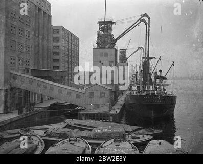 Nourriture pour la Grande-Bretagne. Grain pris d'un bateau à vapeur Ardahbahn par un élévateur de grain aux quais de Londres. 27 août 1937 Banque D'Images