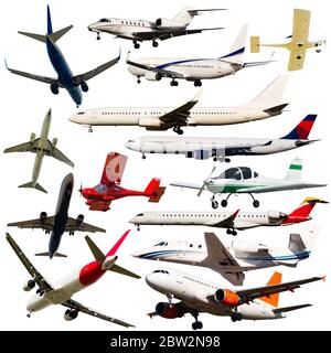 Avions de passagers, planeurs, gyrocoptères, avions isolés sur fond blanc Banque D'Images