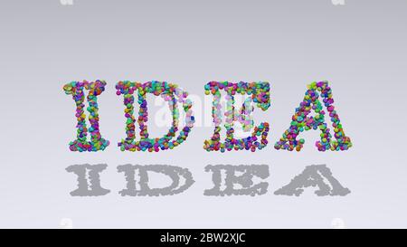Écriture 3D colorée de texte d'idée avec de petits objets sur un fond blanc et une ombre correspondante Banque D'Images
