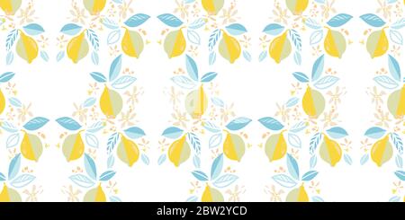 Motif vectoriel géométrique tropical moderne citron répété. Motif de citrus texturé brillant dessiné à la main avec feuille et bouton sur fond blanc. Décor estival simple et élégant. Illustration de Vecteur