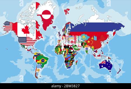 Carte politique du monde avec drapeaux des pays. Illustration de Vecteur