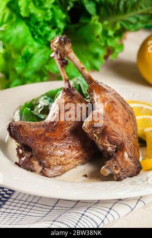 Les pattes de canard confite avec de l'orange et de la salade sur une assiette blanche Banque D'Images