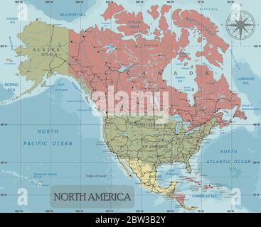 Carte politique détaillée de l'Amérique du Nord dans la projection Mercator. Clairement étiqueté. Calques séparés. Illustration de Vecteur