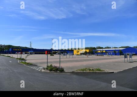 IKEA Gateshead a photographié se préparer avec des signes de distanciation sociale pour l'ouverture le 1er juin après la fermeture du magasin par coronavirus. Banque D'Images