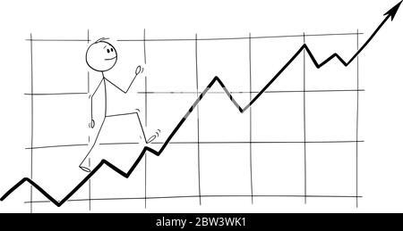 Scénario bâton de dessin dessin dessin dessin dessin illustration conceptuelle de l'homme, investisseur ou homme d'affaires marchant heureusement sur la hausse ou la croissance graphique financier, la bourse ou le concept économique. Illustration de Vecteur