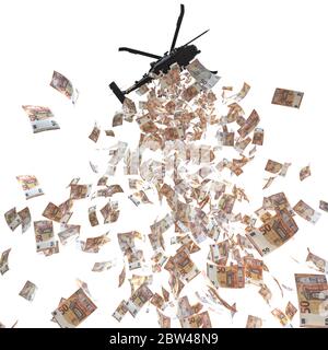 l'hélicoptère distribue de l'argent en euros. vue de dessous isolée sur blanc. 3d render. hélicoptère argent concept, crise financière. Banque D'Images