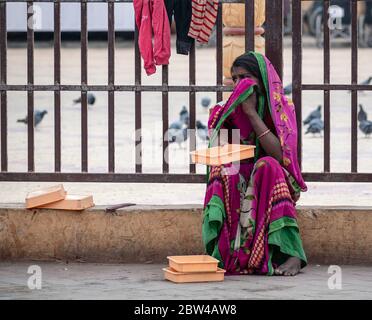 Somnath, Gujarat, Inde - décembre 2018 : portrait d'une jeune femme indienne portant un sari coloré assis dans la rue et vendant des plateaux de pigeon Banque D'Images