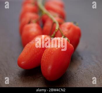 San Marzano aux raisins de vigne Plumb tomates fraîchement lavées sur un plan de travail en ardoise. Banque D'Images