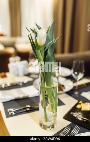 Photo de fleurs de tulipe fraîches dans un beau vase, joyeux jour de mères, vie de fête, concept d'amour Banque D'Images