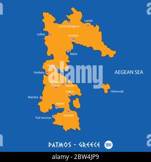 Île de patmos en Grèce carte orange art et fond bleu Illustration de Vecteur