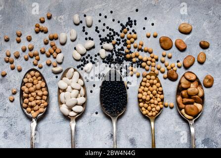 assortiment de légumineuses séchées en cuillères disposées en rangée avec vue de dessus sur fond texturé gris Banque D'Images