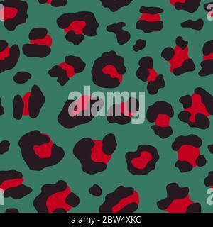 Motif peau de léopard sans couture avec taches noires et rouges sur fond vert foncé. Illustration vectorielle motif de surface de répétition animale Illustration de Vecteur