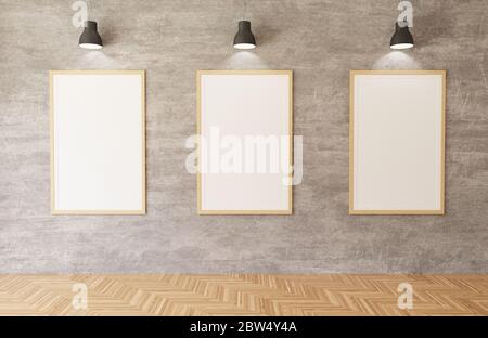 3d rendu des affiches blanches et des cadres suspendus sur le fond de mur en béton dans la salle, des lumières, parquet Banque D'Images