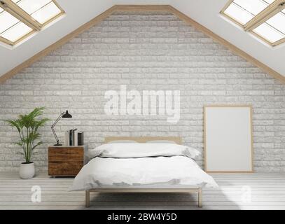 3D rendu Loft style chambre avec mur de brique blanche, plancher de bois, arbre, cadre pour maquette Banque D'Images