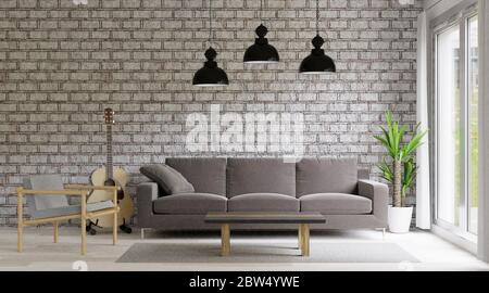 Salon loft et style industriel, mur de briques, grande chambre Banque D'Images