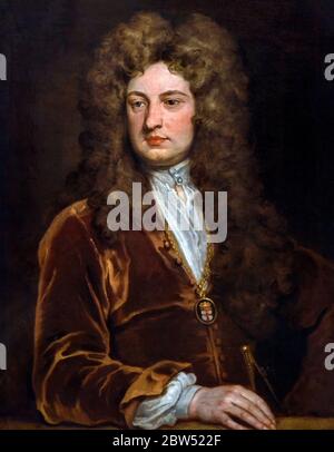 John Vanbrugh. Portrait du dramaturge et architecte anglais Sir John Vanbrugh (1664-1726), qui est le plus célèbre pour avoir conçu le Palais de Blenheim et le Château Howard. Peinture de Sir Godfrey Kneller, huile sur toile, vers 1710 Banque D'Images