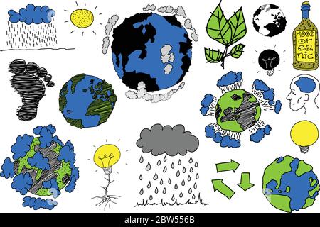 beaucoup de croquis dessinés à la main de sujets concernant la nature et l'environnement et l'écologie et la planète terre et le temps Illustration de Vecteur