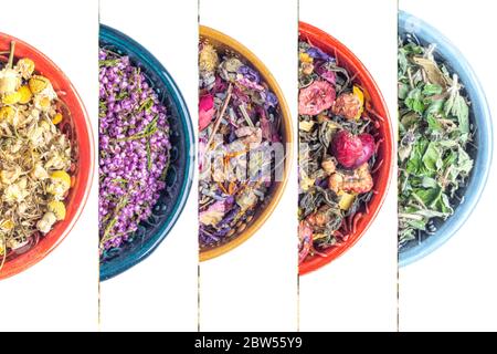 Santé Heather fleurs séchées thé et différentes herbes dans des bols en céramique. Homéopathie et phytothérapie, désinfectant, anti-inflammatoire, gros plan, sel Banque D'Images