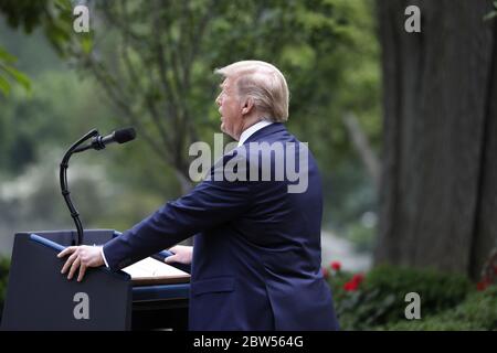 Washington, États-Unis. 29 mai 2020. Le président américain Donald Trump prononce un discours dans le Rose Garden de la Maison Blanche à Washington, DC, le vendredi 29 mai 2020. Trump a annoncé des sanctions contre la Chine en ce qui concerne Hong Kong et a également mis fin aux relations des États-Unis avec l'Organisation mondiale de la santé. Crédit : UPI/Alay Live News Banque D'Images