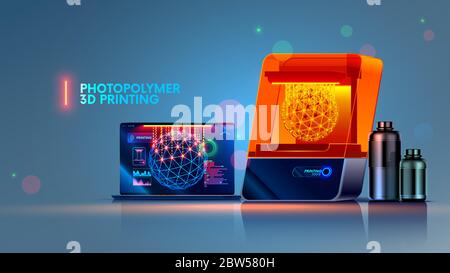 Imprimante 3d SLA ou DLP sur le bureau. Ordinateur portable avec système d'interface CAO et objet 3d à l'écran. Technologie stéréolithographique impression 3d. Trois imprimés Illustration de Vecteur