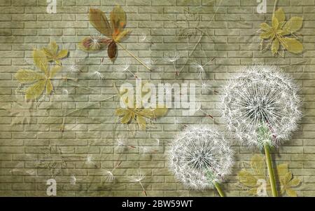 texture de papier peint 3d, pissenlit, taraxacum, boules de soufflage sur fond calcaire. Banque D'Images
