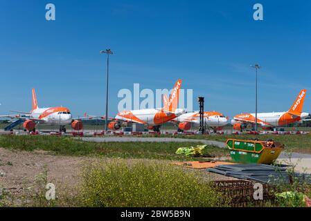 Avions de ligne easyJet en magasin à l'aéroport Southend de Londres, Essex, Royaume-Uni, en raison du confinement pandémique du coronavirus COVID-19. Jets en stockage. Ignorer Banque D'Images