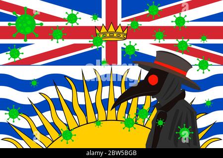 Médecin de peste noire entouré de virus avec espace de copie avec drapeau DE LA COLOMBIE-BRITANNIQUE. Banque D'Images