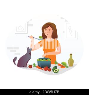 Une fille cuisine dans la cuisine avec un chat Illustration de Vecteur